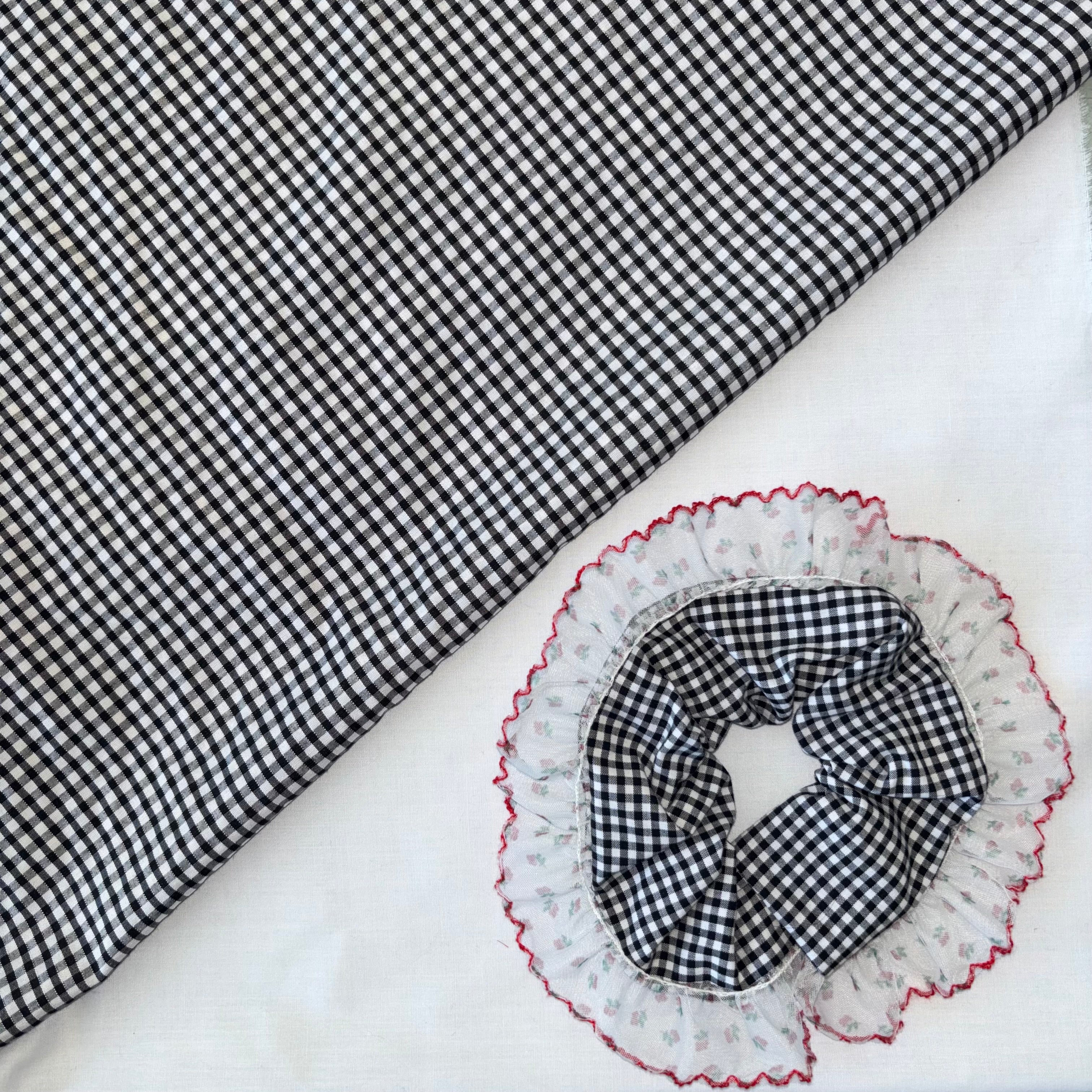 Large Oversized Black and White Cherry Lace Gingham Hair Scrunchie
