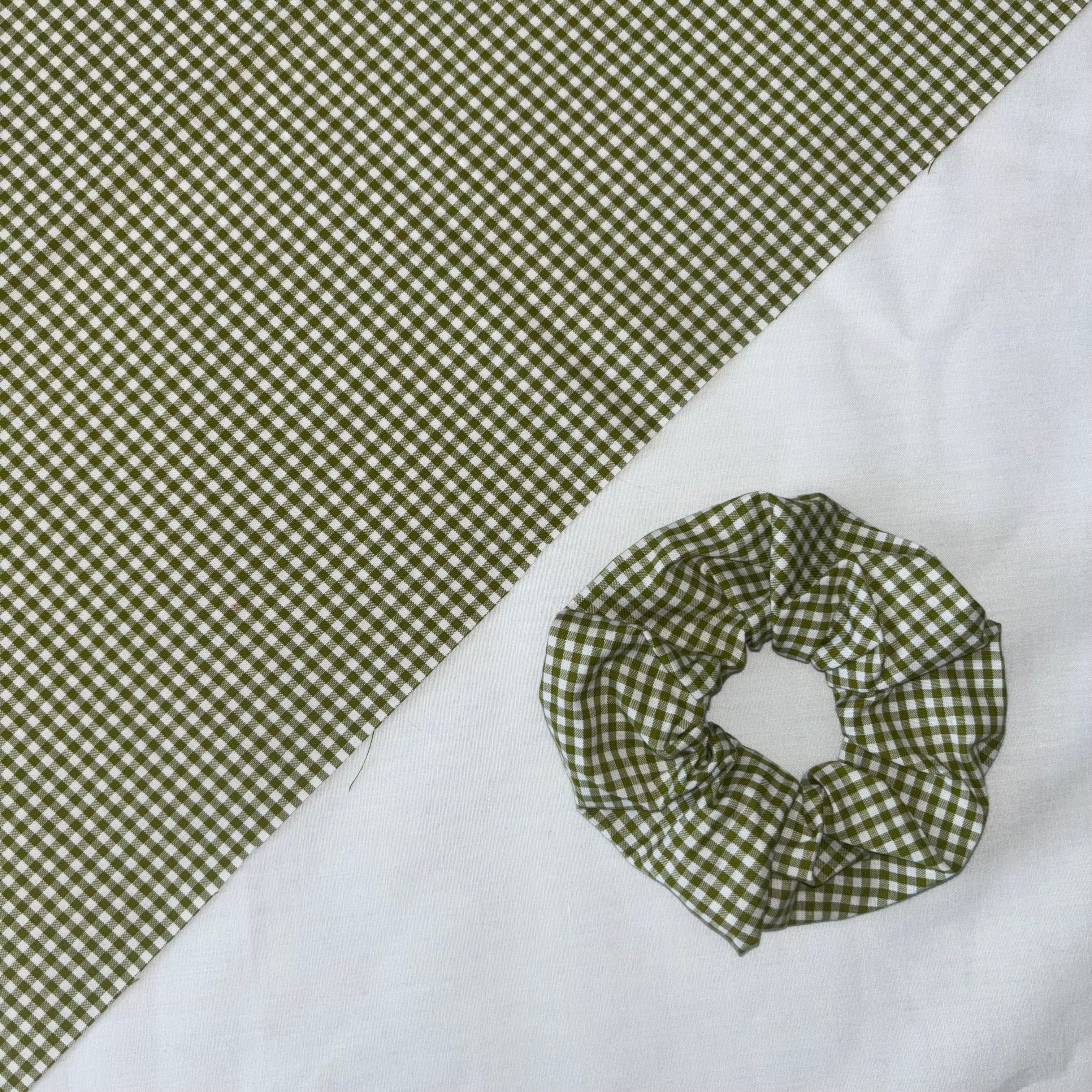 Sage Leaf Green and White Gingham Cotton Hair Scrunchie