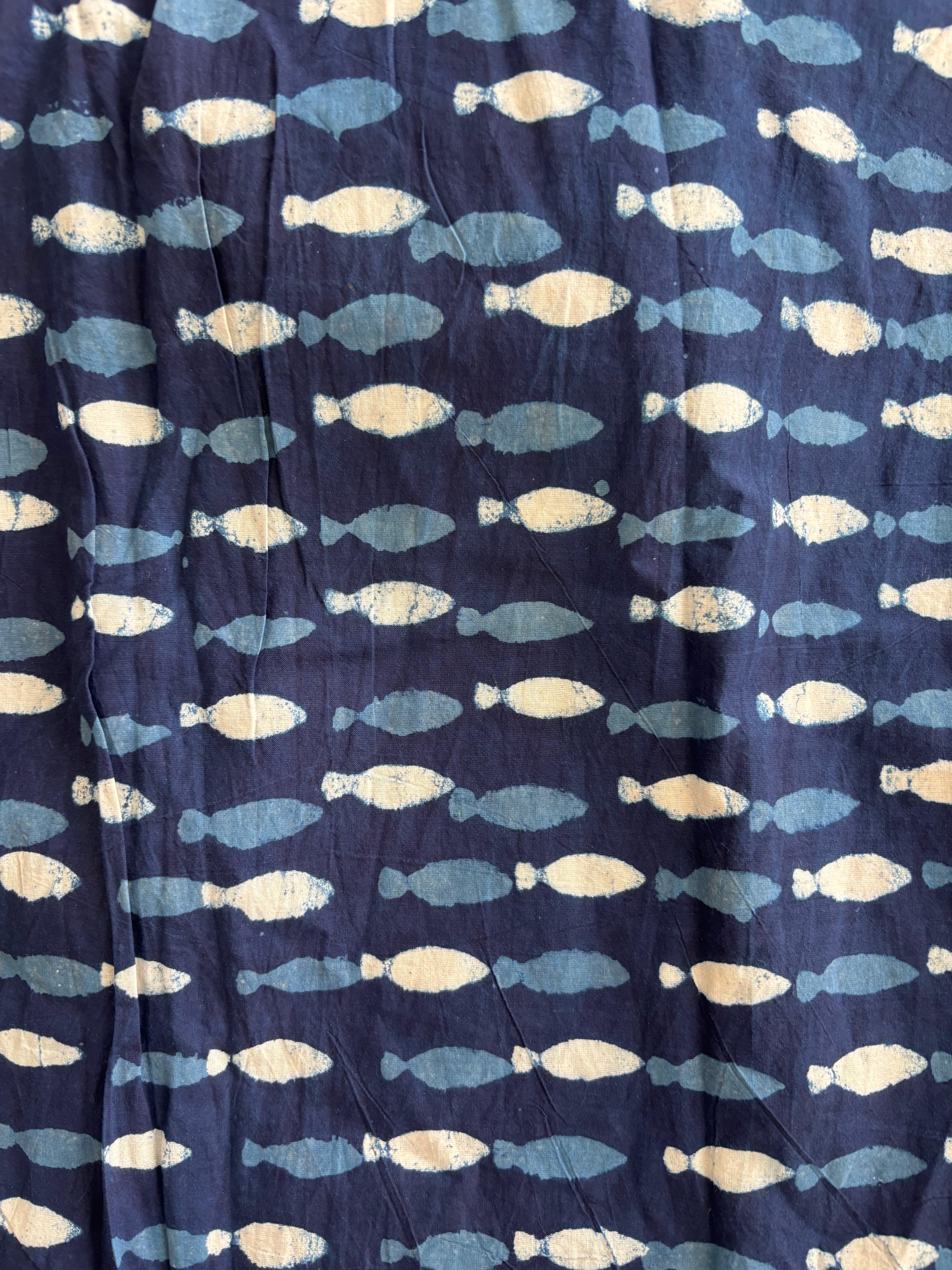 1 Metre Hand Block Printed Indigo Dye Fish Pattern Fabric from Jaipur, India