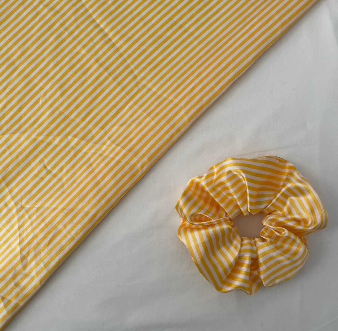 Yellow and white silk / satin hair scrunchie