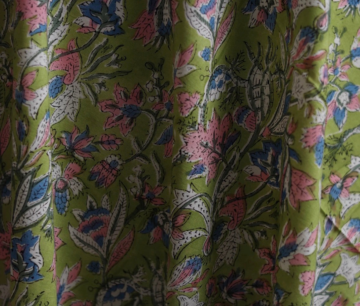 1m Green and Pink Sanganeri Hand Block Printed Cotton from Jaipur