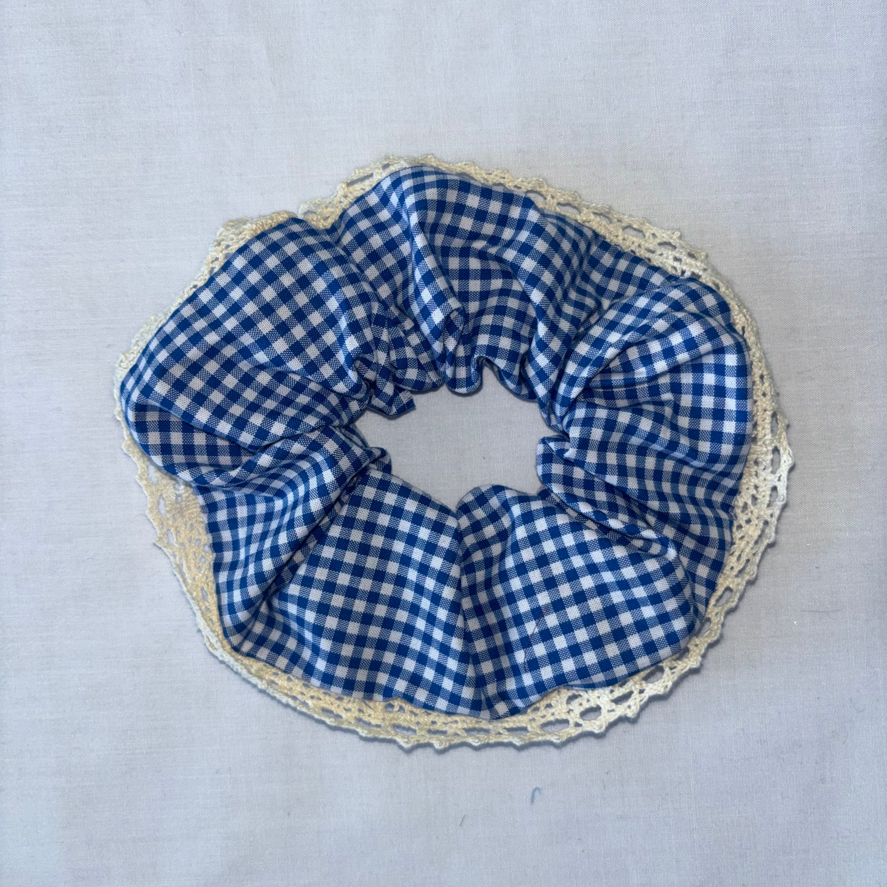 Blue and White Lace Gingham Hair Scrunchie