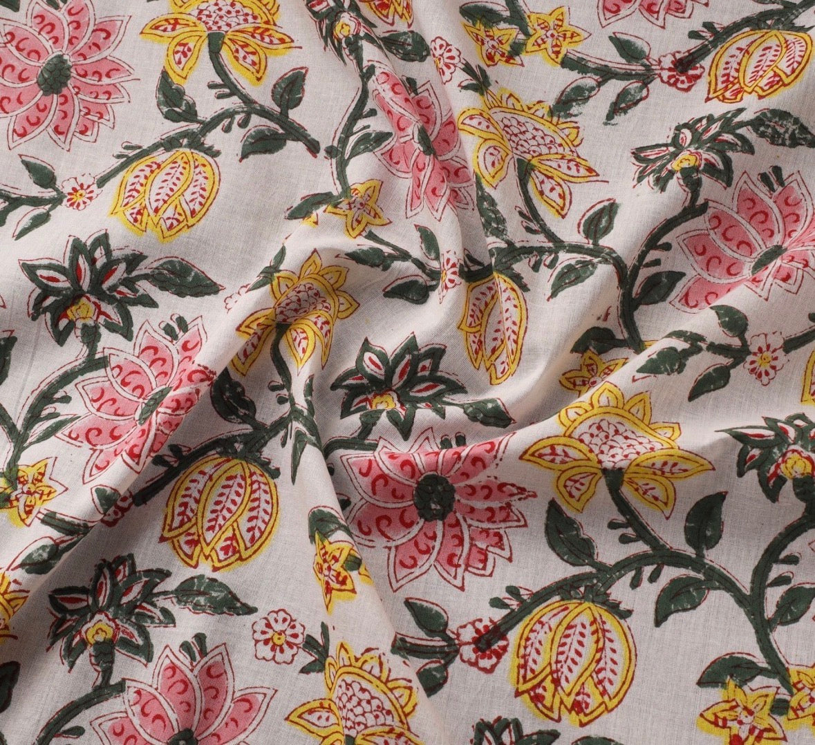 1m White Flower Sanganeri Hand Block Printed Cotton Fabric from Jaipur
