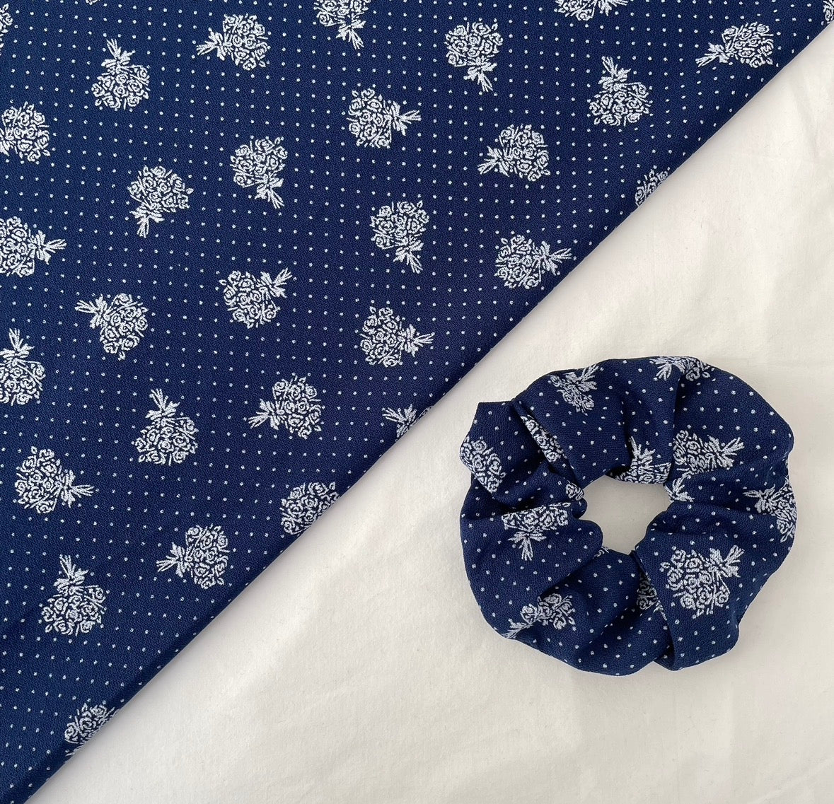 Blue and White Feather Hair Scrunchie