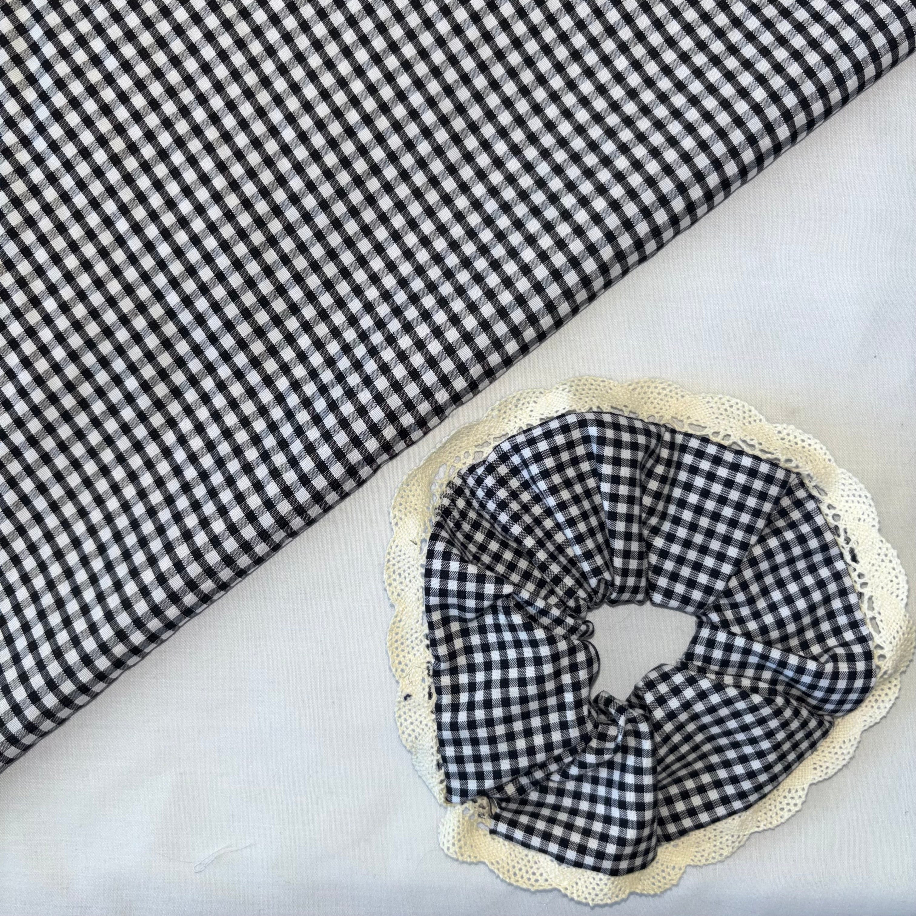Large Oversized Black and White Lace Gingham Hair Scrunchie
