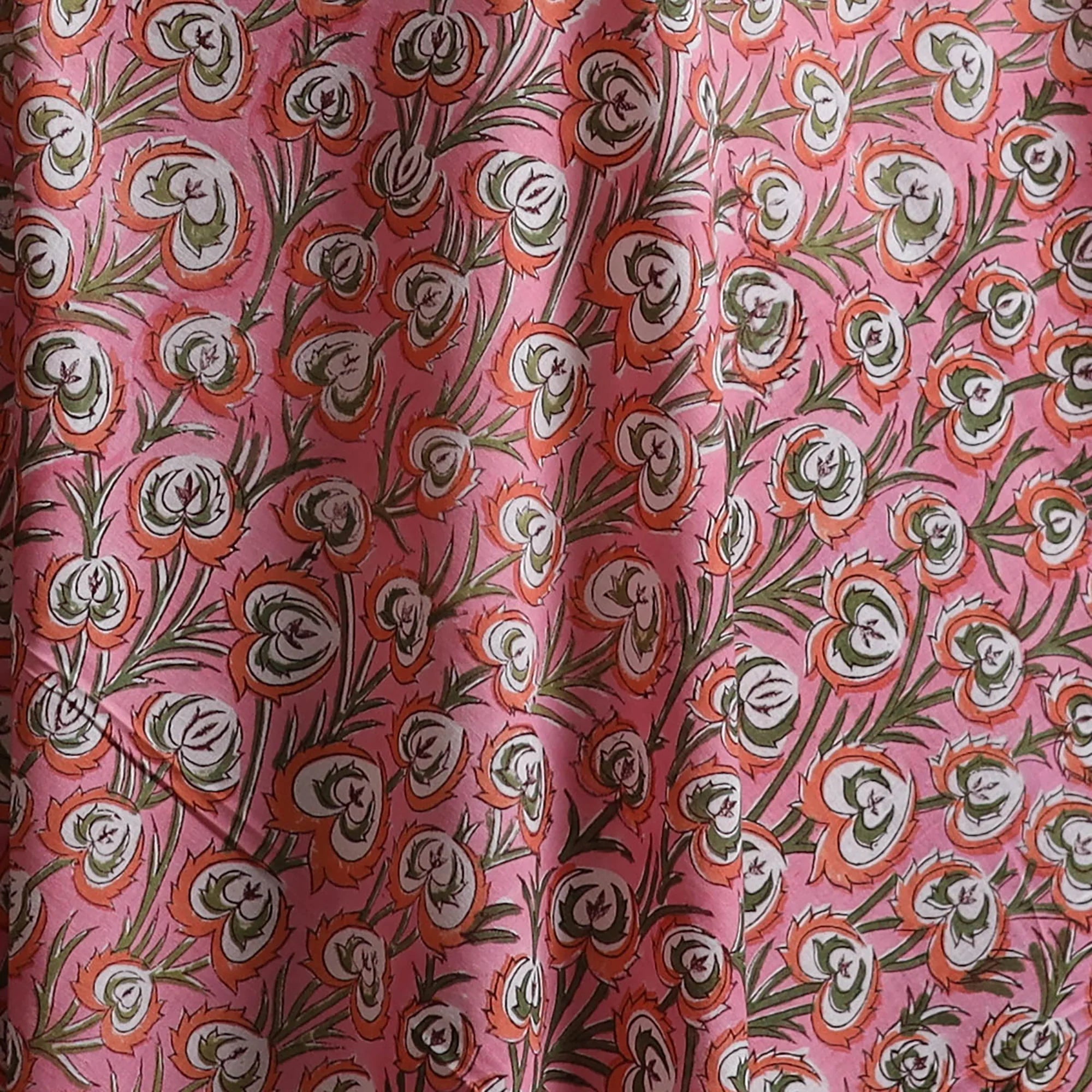 1m Pink Flower Sanganeri Hand Block Printed Cotton Fabric from Jaipur