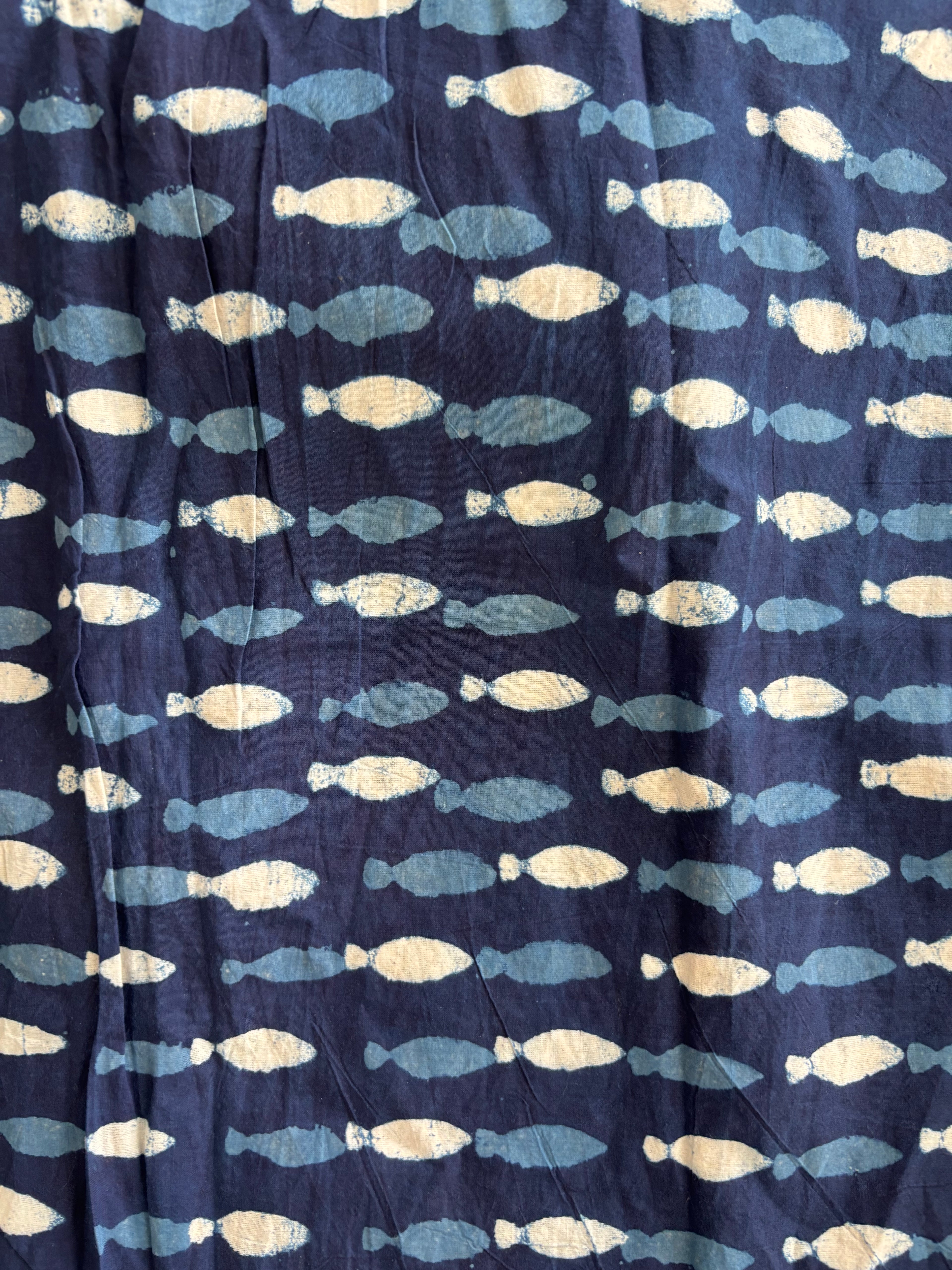 1 Metre Hand Block Printed Indigo Dye Fish Pattern Fabric from Jaipur, India