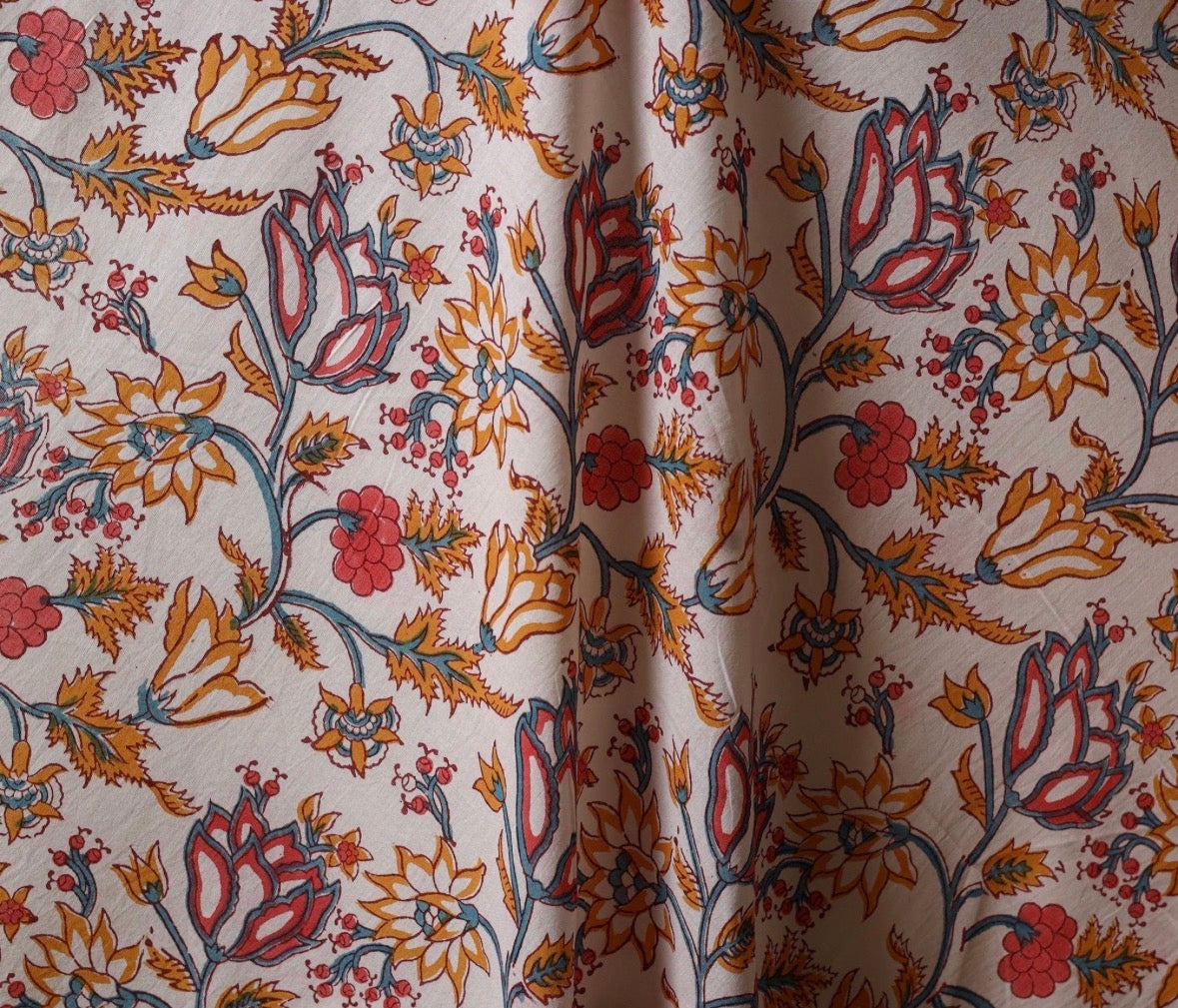 1m White Flower Sanganeri Hand Block Printed Cotton Fabric from Jaipur