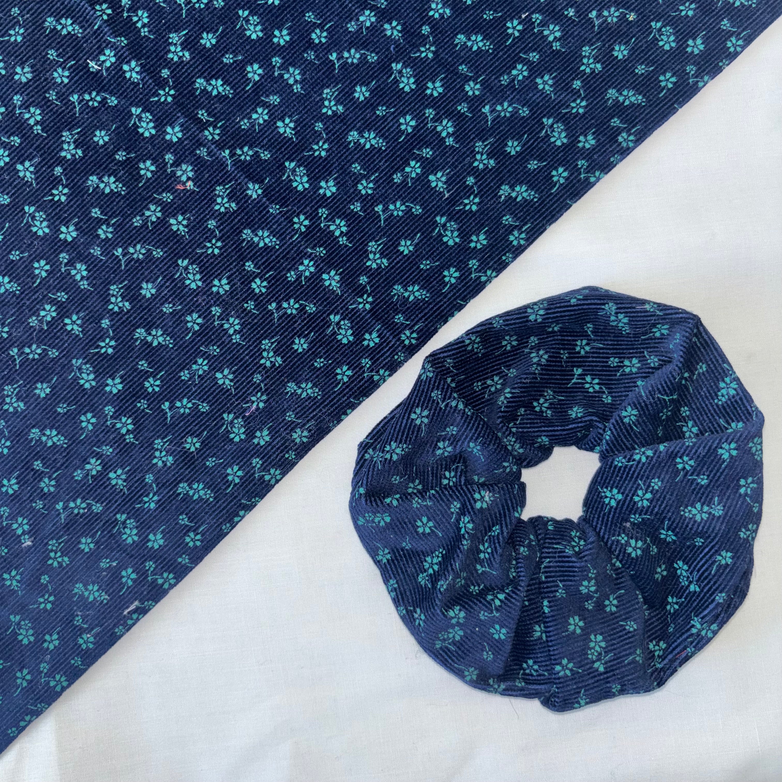 Navy Blue and Green Vintage Corduroy Hair Scrunchie