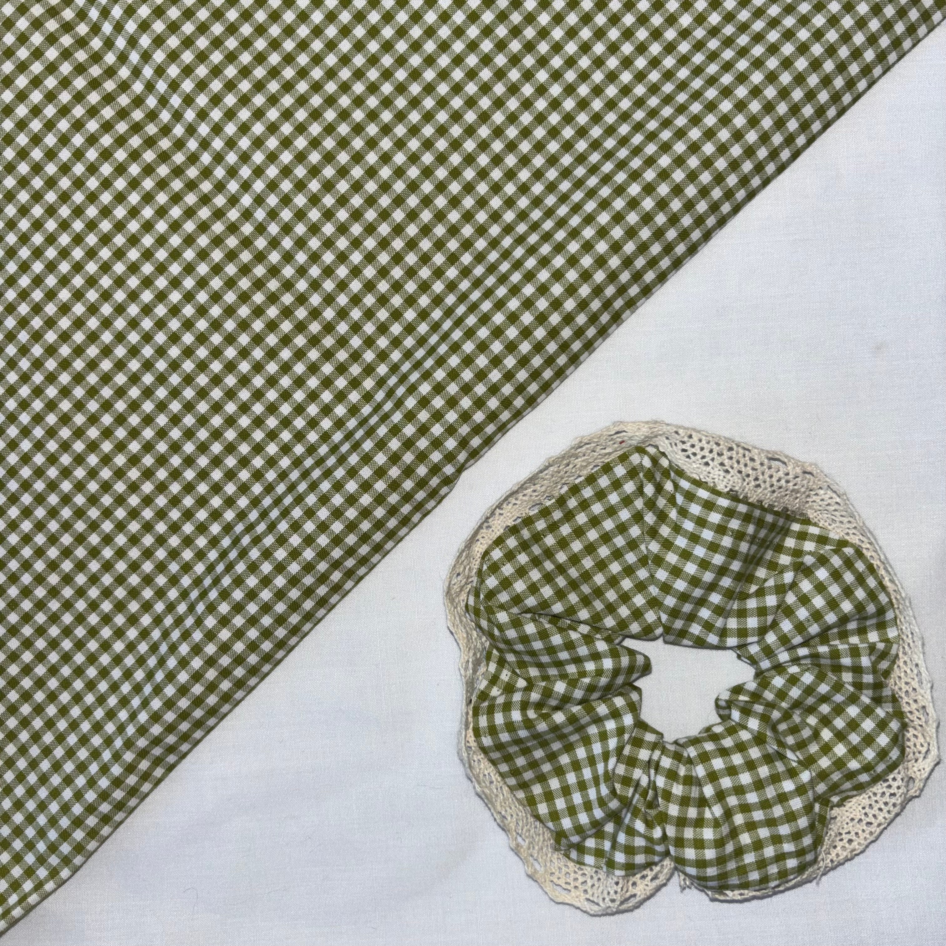 Large Oversized Sage Leaf Spring Green and White Lace Gingham Hair Scrunchie