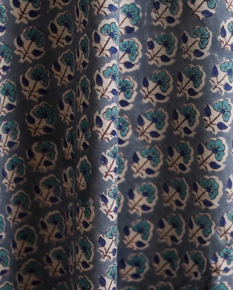 1m Blue Flower Sanganeri Hand Block Printed Cotton Fabric from Jaipur