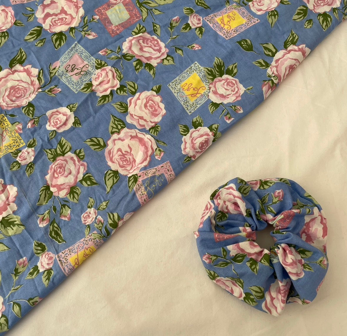 Blue Retro Rose Hair Scrunchie
