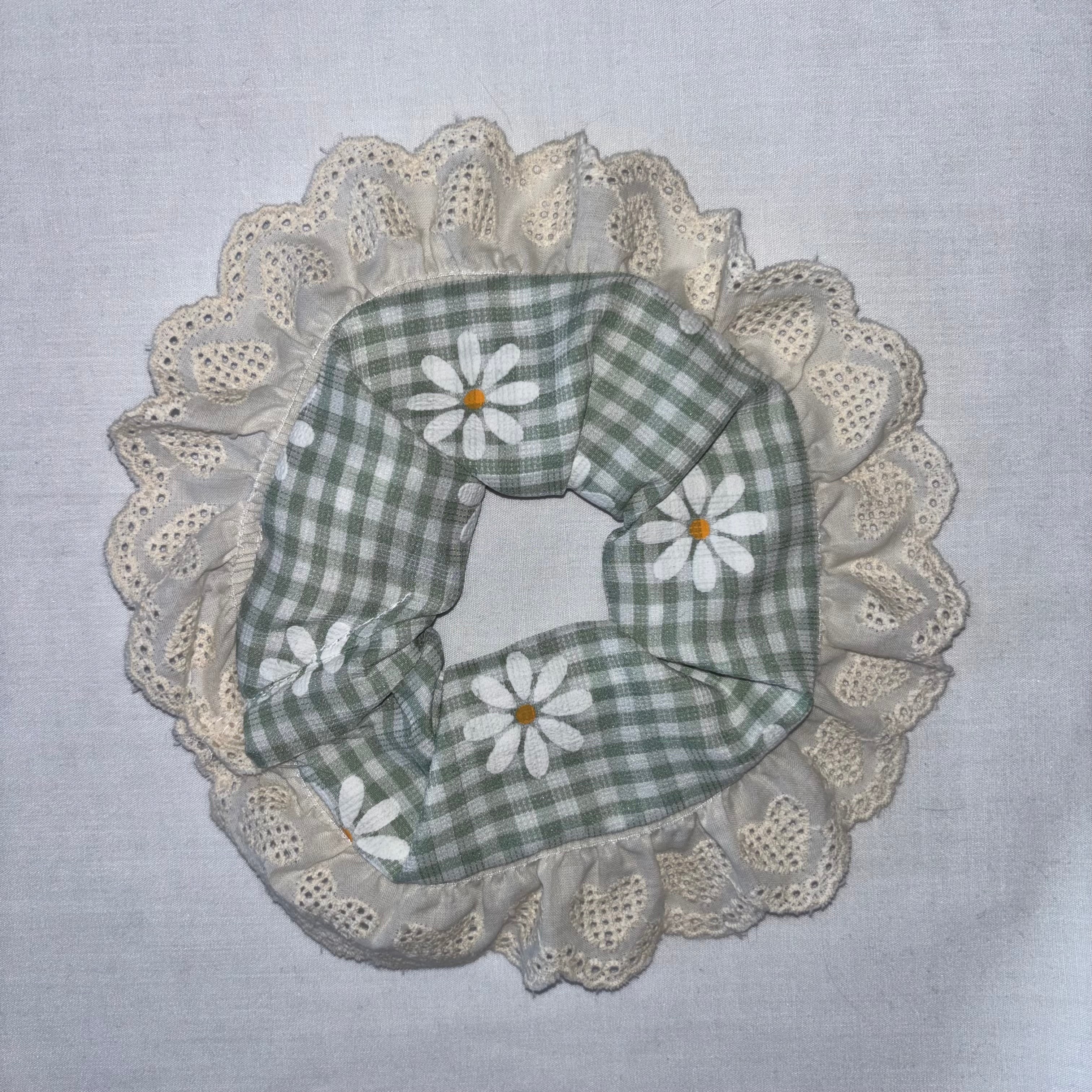 Flower Green Flower Lace Gingham Scrunchie