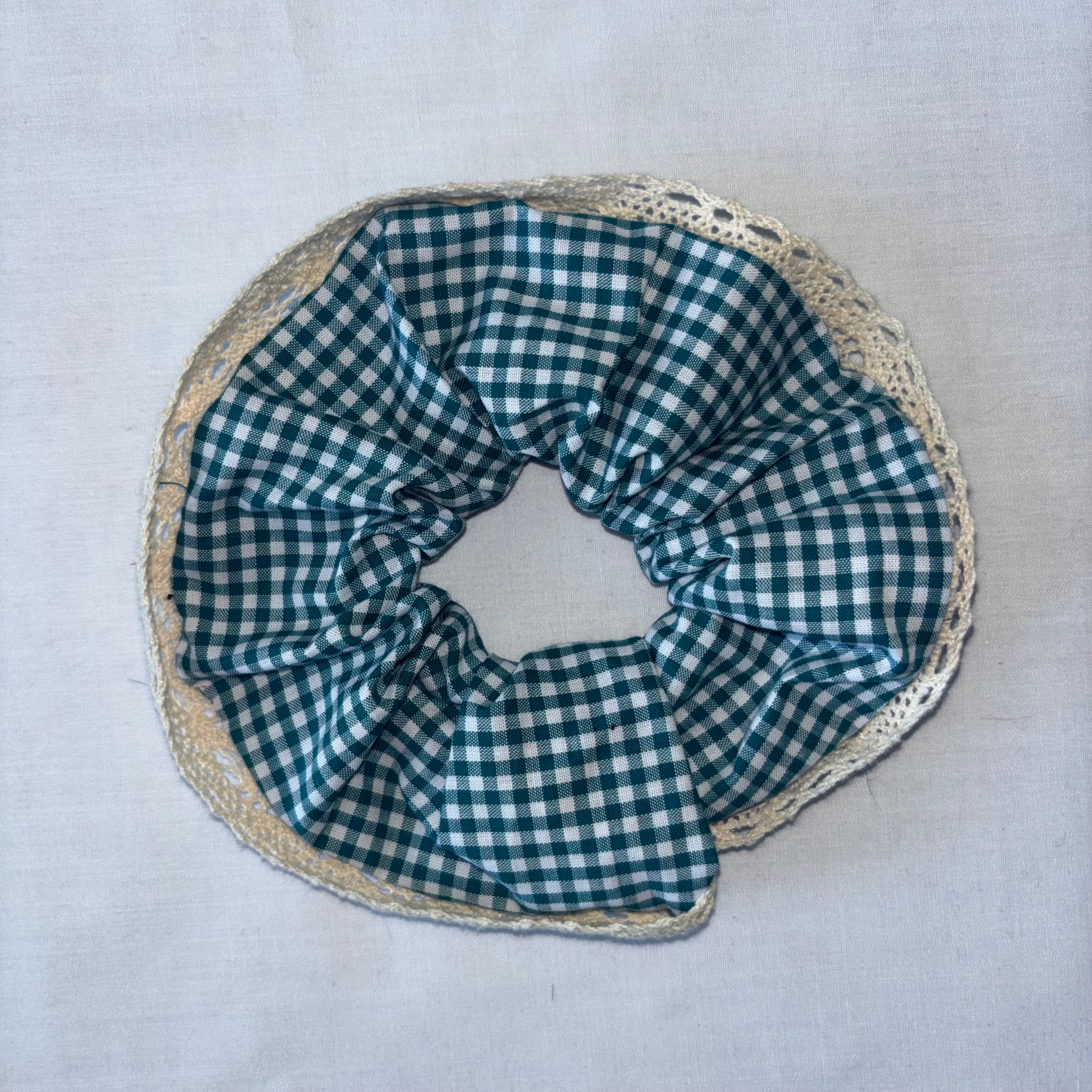 Aqua Green and White Lace Gingham Hair Scrunchie