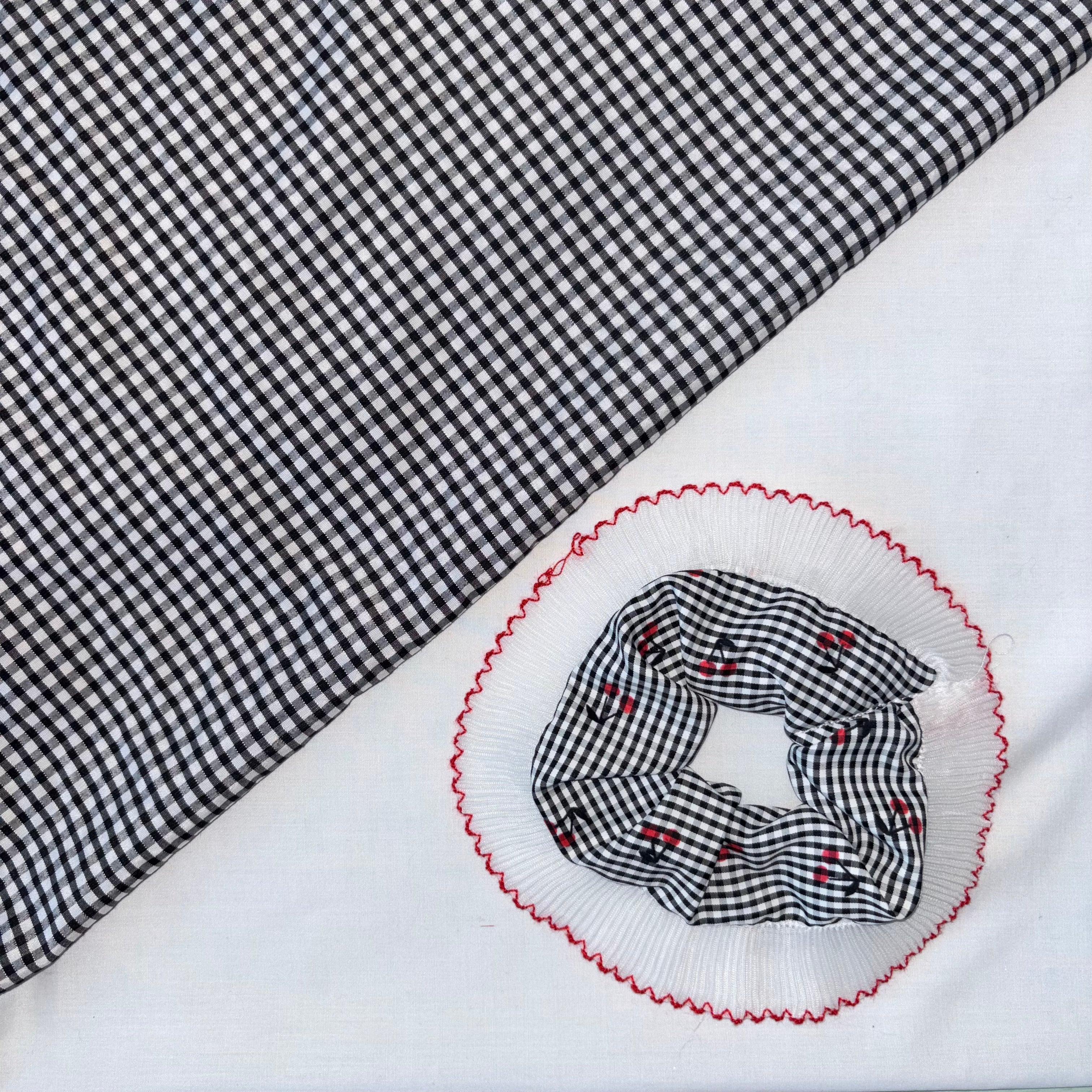 Large Oversized Black and White Cherry Lace Gingham Hair Scrunchie